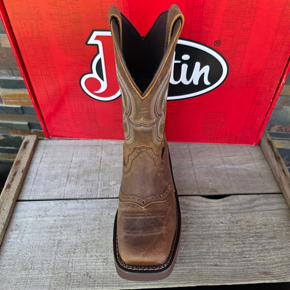 Justin Boots INJI Brown Water Buffalo Wide Square Toe Boots Size 6B GY9984 NEW - Picture 16 of 16